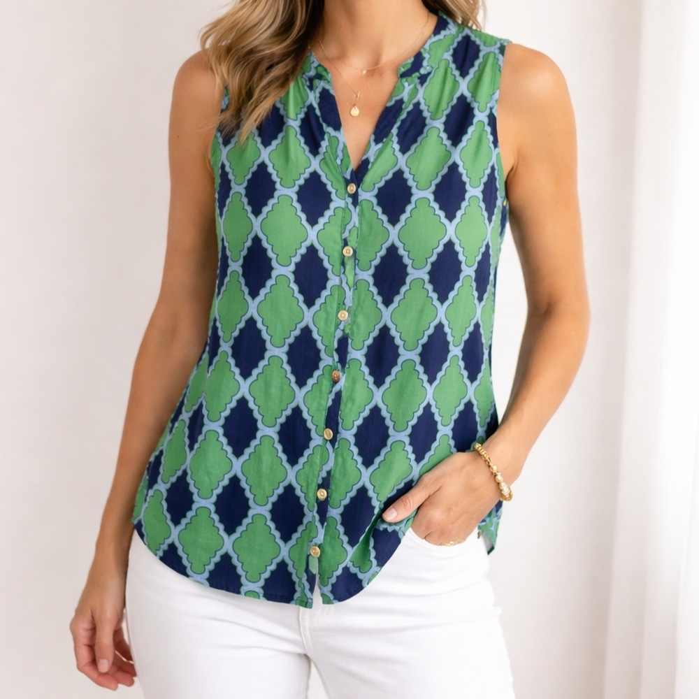 Haley & the Hound Sleeveless Blouse in Green and Navy